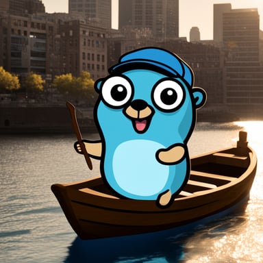 Go Blue Gopher, the main mascot of the Golang language, but on a boat pointing the direction.
