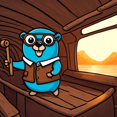 Go Blue Gopher, the main mascot of the Golang language, but on a boat pointing the direction.