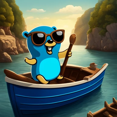 Go Blue Gopher, the main mascot of the Golang language, but on a boat pointing the direction.