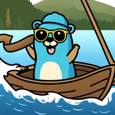 Main Go Blue Gopher, the mascot of the Golang language, is depicted on a boat pointing the direction as a logo without a background.