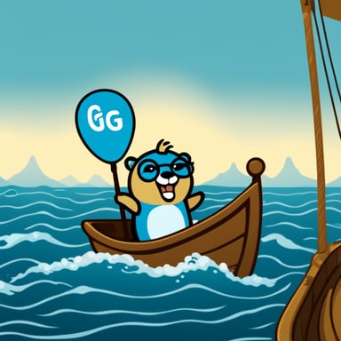 Main Go Blue Gopher, the mascot of the Golang language, is depicted on a boat pointing the direction as a logo without a background.