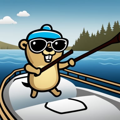 Main Go Blue Gopher, the mascot of the Golang language, is depicted on a boat pointing the direction as a logo without a background.