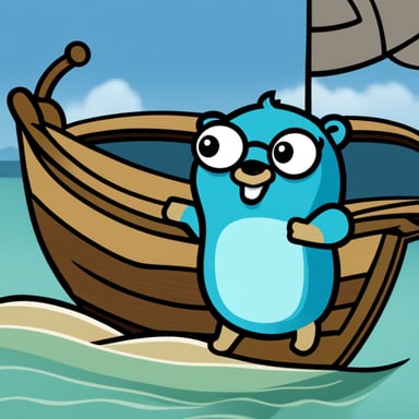Main Go Blue Gopher, the mascot of the Golang language, is depicted on a boat pointing the direction as a logo without a background.
