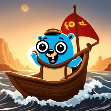 Go Blue Gopher, the main mascot of the Golang language, is depicted on a boat, pointing the direction as a logo without a background.