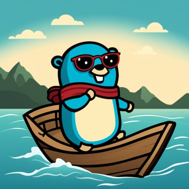 Go Blue Gopher, the main mascot of the Golang language, is depicted on a boat, pointing the direction as a logo without a background.