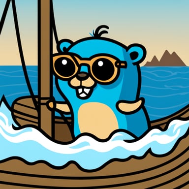 Go Blue Gopher, the main mascot of the Golang language, is depicted on a boat, pointing the direction as a logo without a background.