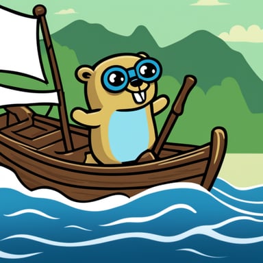 Go Blue Gopher, the main mascot of the Golang language, is depicted on a boat, pointing the direction as a logo without a background.