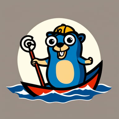 Round logo of Go Blue Gopher, the mascot, on a boat pointing the direction as a logo with a white background.