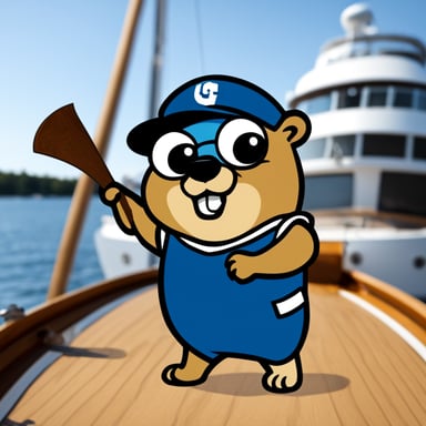 Round logo of Go Blue Gopher, the mascot, on a boat pointing the direction as a logo with a white background.