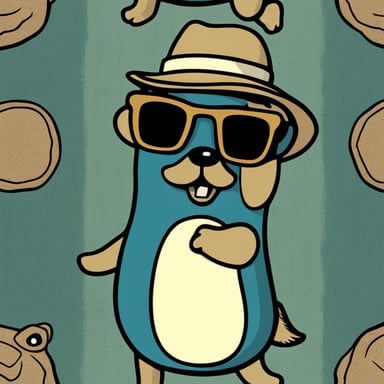 A classic Go Blue Gopher features vintage tones and detailed textures, wearing sunglasses.
