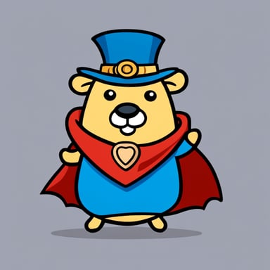 A cheerful Go Blue Gopher with bold lines and vibrant colors, simple cartoonish style wearing a superhero cape, embodies the spirit of courage and adventure.