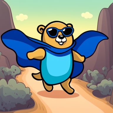 A cheerful Go Blue Gopher with bold lines and vibrant colors, simple cartoonish style wearing a superhero cape, embodies the spirit of courage and adventure.