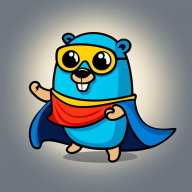 A cheerful Go Blue Gopher with bold lines and vibrant colors, simple cartoonish style wearing a superhero cape, embodies the spirit of courage and adventure.