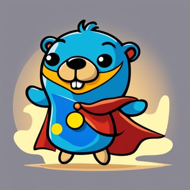 A cheerful Go Blue Gopher with bold lines and vibrant colors, simple cartoonish style wearing a superhero cape, embodies the spirit of courage and adventure.