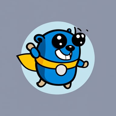 A cheerful Go Blue Gopher with bold lines and vibrant colors, simple cartoonish style wearing a dark blue superhero cape.