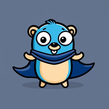 A cheerful Go Blue Gopher with bold lines and vibrant colors, simple cartoonish style wearing a dark blue superhero cape.