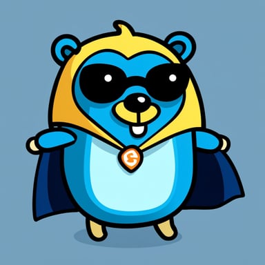 A cheerful Go Blue Gopher with bold lines and vibrant colors, simple cartoonish style wearing a dark blue superhero cape.