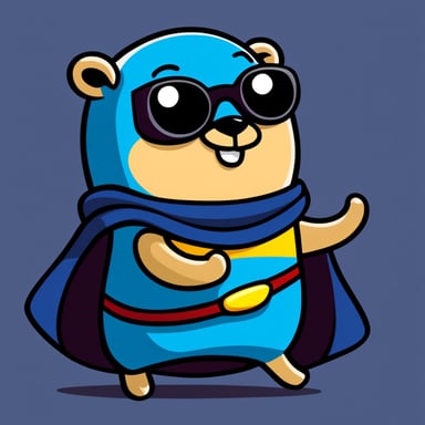 A cheerful Go Blue Gopher with bold lines and vibrant colors, simple cartoonish style wearing a dark blue superhero cape.