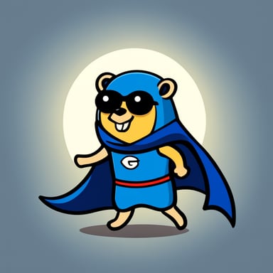 A cheerful Go Blue Gopher, with bold lines and vibrant colors, adopts a simple cartoonish style and is adorned in a dark blue superhero cape, peeking from behind something.