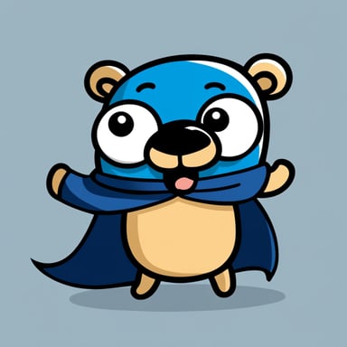 A cheerful Go Blue Gopher, with bold lines and vibrant colors, adopts a simple cartoonish style and is adorned in a dark blue superhero cape, peeking from behind something.