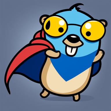 A cheerful Go Blue Gopher, with bold lines and vibrant colors, adopts a simple cartoonish style and is adorned in a dark blue superhero cape, peeking from behind something.