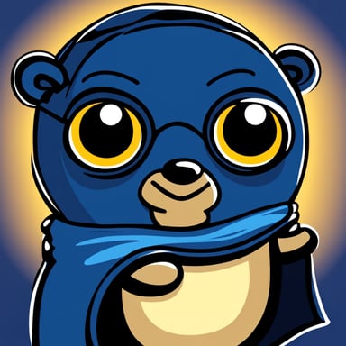 A cheerful Go Blue Gopher, with bold lines and vibrant colors, adopts a simple cartoonish style and is adorned in a dark blue superhero cape, peeking from behind something.