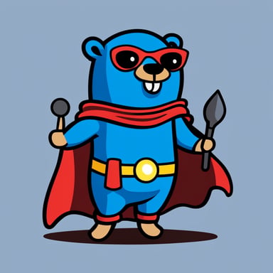 A cheerful Go Blue Gopher as a superhero with bold lines and vibrant colors, in a simple cartoonish style, wearing a dark blue cape.