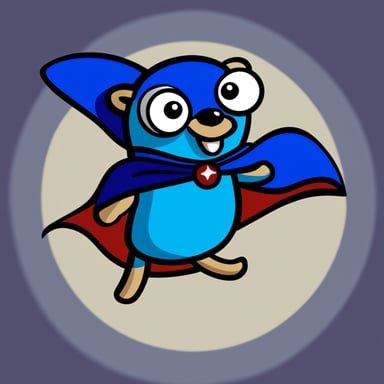 A cheerful Go Blue Gopher as a superhero with bold lines and vibrant colors, in a simple cartoonish style, wearing a dark blue cape.