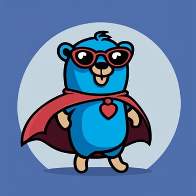 A cheerful Go Blue Gopher as a superhero with bold lines and vibrant colors, in a simple cartoonish style, wearing a dark blue cape.