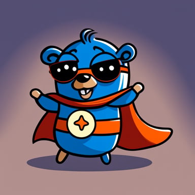 A cheerful Go Blue Gopher as a superhero with bold lines and vibrant colors, in a simple cartoonish style, wearing a dark blue cape.