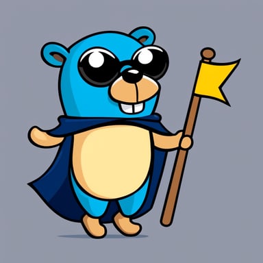 A cheerful Go Blue Gopher with bold lines and vibrant colors, simple cartoonish style, wearing a dark blue superhero cape and holding a flag, stands out as a unique and engaging character.
