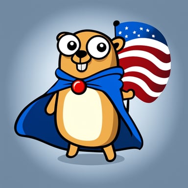 A cheerful Go Blue Gopher with bold lines and vibrant colors, simple cartoonish style, wearing a dark blue superhero cape and holding a flag, stands out as a unique and engaging character.