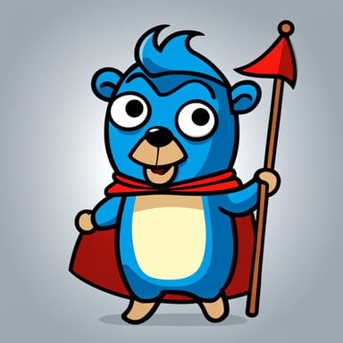 A cheerful Go Blue Gopher with bold lines and vibrant colors, simple cartoonish style, wearing a dark blue superhero cape and holding a flag, stands out as a unique and engaging character.