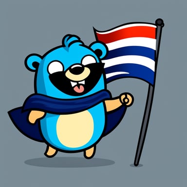 A cheerful Go Blue Gopher with bold lines and vibrant colors, simple cartoonish style, wearing a dark blue superhero cape and holding a flag, stands out as a unique and engaging character.