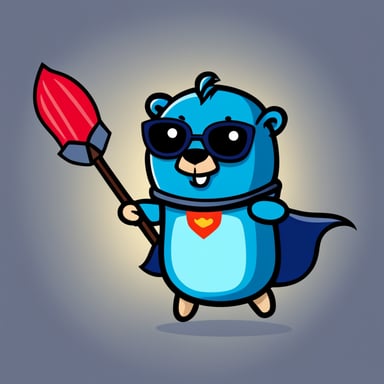 A cheerful Go Blue Gopher with bold lines and vibrant colors, simple cartoonish style wearing a dark blue superhero cape.