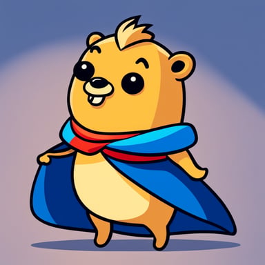 A cheerful Go Blue Gopher with bold lines and vibrant colors, simple cartoonish style wearing a dark blue superhero cape.