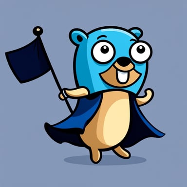 A cheerful Go Blue Gopher with bold lines and vibrant colors, simple cartoonish style, wearing a dark blue superhero cape and holding a blue flag, stands out as a unique and engaging character.