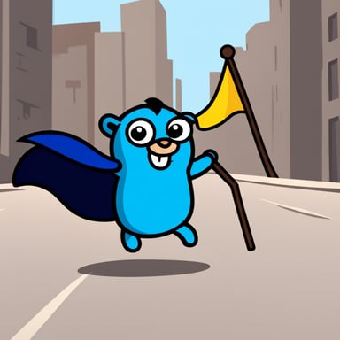 A cheerful Go Blue Gopher with bold lines and vibrant colors, simple cartoonish style, wearing a dark blue superhero cape and holding a blue flag, stands out as a unique and engaging character.