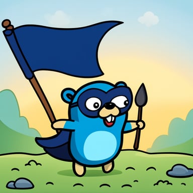 A cheerful Go Blue Gopher with bold lines and vibrant colors, simple cartoonish style, wearing a dark blue superhero cape and holding a blue flag, stands out as a unique and engaging character.
