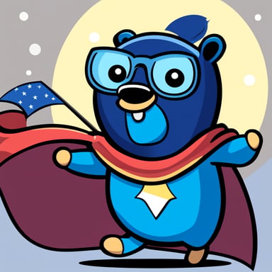 A cheerful Go Blue Gopher with bold lines and vibrant colors, simple cartoonish style, wearing a dark blue superhero cape and holding a blue flag, stands out as a unique and engaging character.