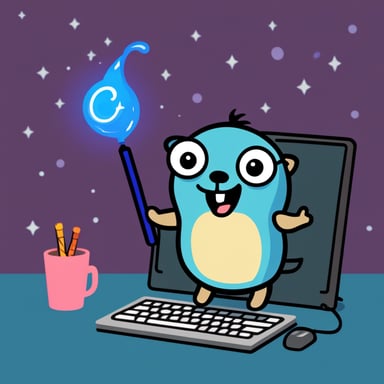 Go Blue Gopher with a magic wand looking excited next to a computer.