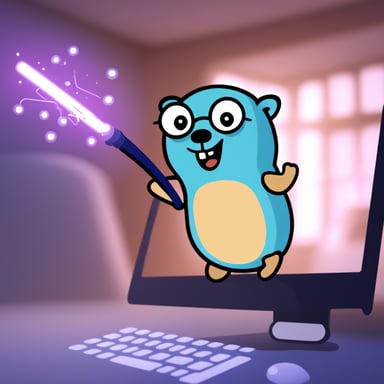 Go Blue Gopher with a magic wand looking excited next to a computer.