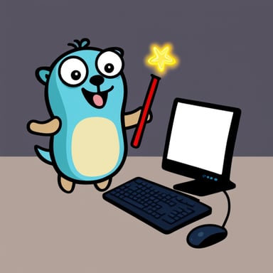 Go Blue Gopher with a magic wand looking excited next to a computer.