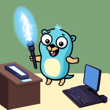 Go Blue Gopher with a magic wand looking excited next to a computer.
