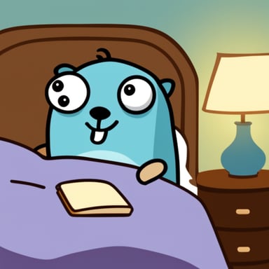 Go Blue Gopher asleep in bed, not smiling.
