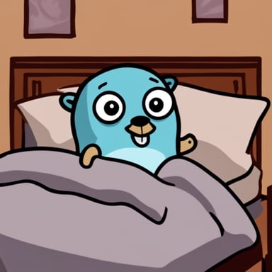 Go Blue Gopher asleep in bed, not smiling.