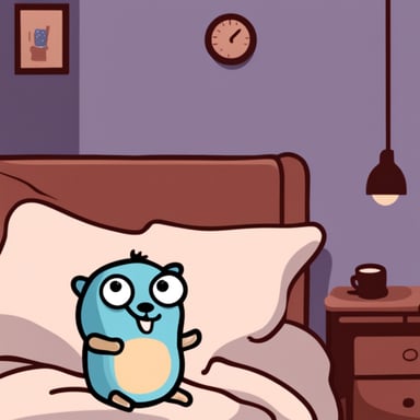 Go Blue Gopher asleep in bed, not smiling.