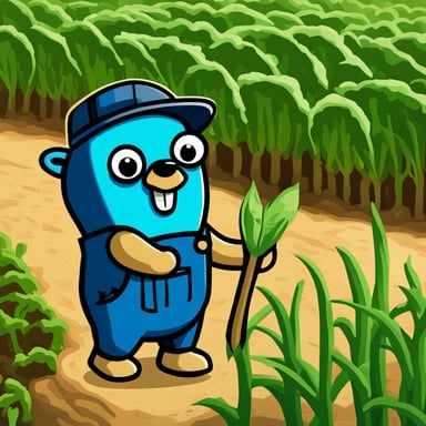 Go Blue Gopher works diligently on the farm, tending to the crops and ensuring everything is in top shape for the harvest season.