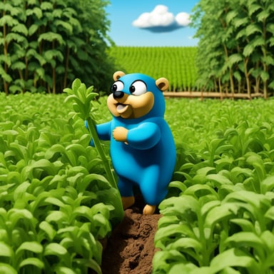 Go Blue Gopher works diligently on the farm, tending to the crops and ensuring everything is in top shape for the harvest season.