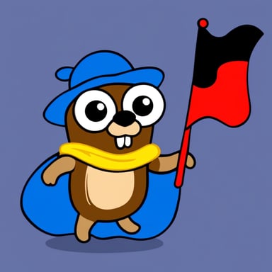 Go Blue Gopher, a superhero with a cape holding a German flag.